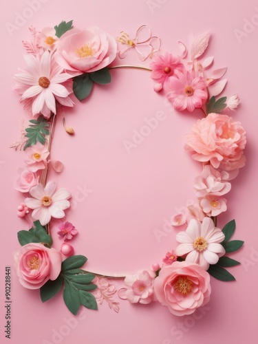Pink empty frame with flowers around it , copy space,  on pink background