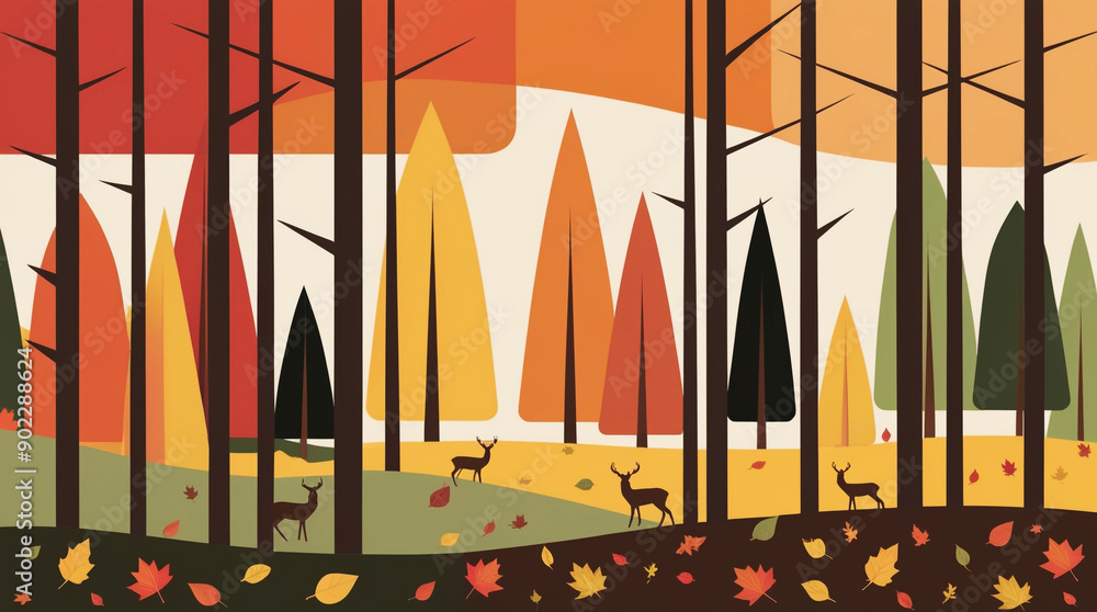 Flat landscape illustration of Autumn or falls season.autumn forest background with deers and foliage leaves. Flat landscape illustration of Autumn or falls season.autumn forest background with deers and foliage leaves.