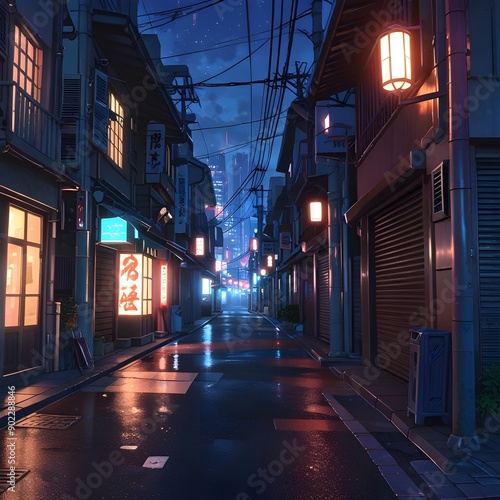 Street at night in Japanese old town anime style 