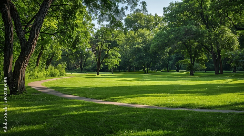 Fototapeta premium A green grass field in a park, with a few scattered trees providing shade, and a clear pathway winding through the area.