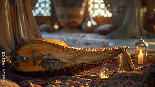 A beautifully crafted oud lies on a rich patterned rug, bathed in warm candlelight. photo