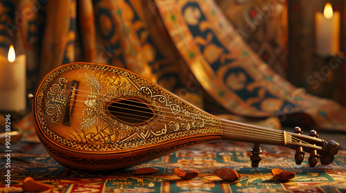 An ornate, wooden Oud resting on a richly patterned rug, with candles glowing softly in the background. photo