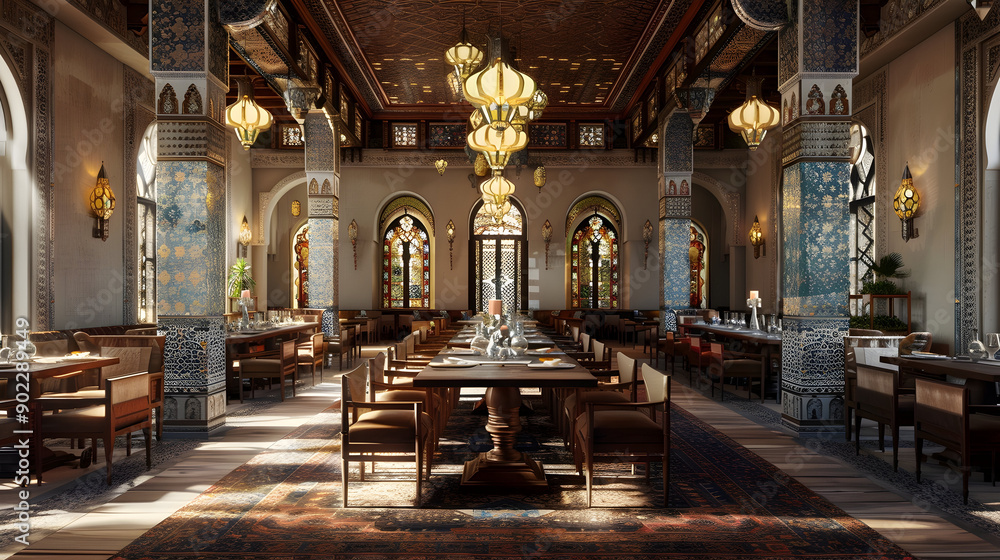 Fototapeta premium Luxurious restaurant interior with ornate chandeliers and traditional decor.