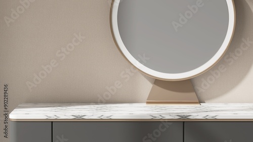 Foto Modern gray dressing table with white marble top, gold frame round vanity mirror