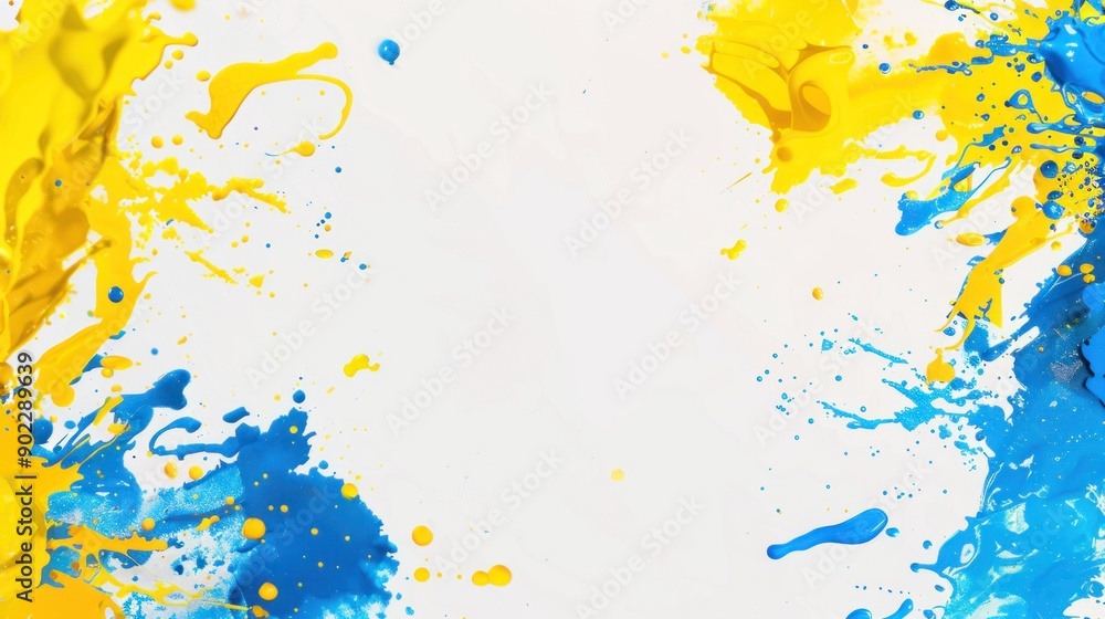 Obraz premium Abstract Yellow and Blue Paint Splatter on White Background