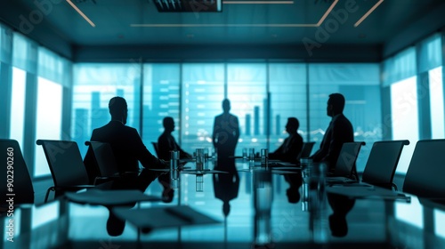 A group of executives in a boardroom discussing governance policies, with documents and charts displayed on a screen.