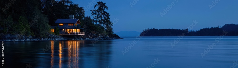 Fototapeta premium A serene waterfront landscape at twilight, featuring a cozy house illuminated by soft lights and a calm sea reflecting the blues.