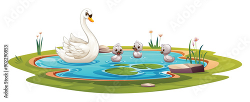 Mother swan with baby swans swimming in a pond. Vector cartoon illustration