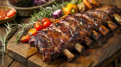 Juicy Grilled Lamb Ribs with Colorful Roasted Vegetables on Rustic Wooden Cutting Board