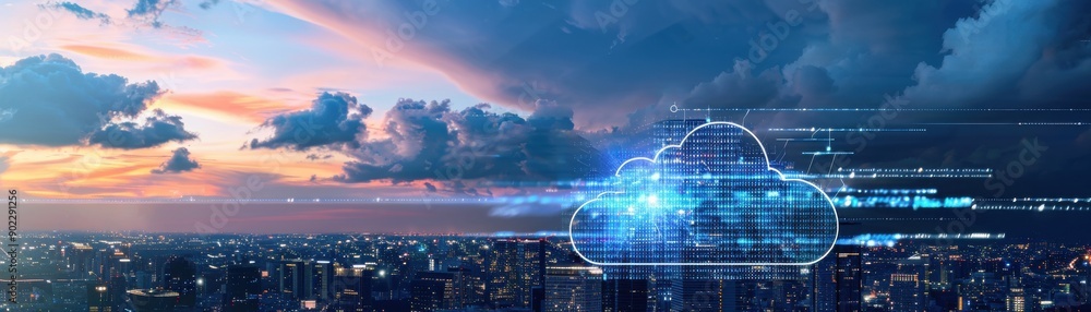 Fototapeta premium A stunning digital representation of cloud computing, showcasing technology and innovation over a beautiful city skyline.