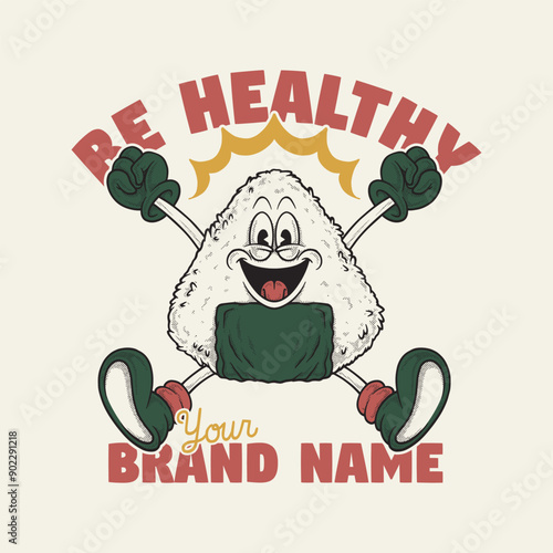 retro cartoon emblem of happy rice ball