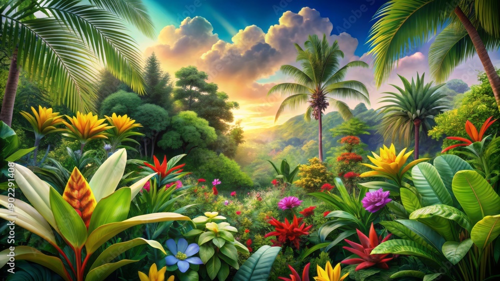 Fototapeta premium Vibrant colors burst in this abstract summer plantation scene, showcasing lush greenery, blooming flowers, and tropical leaves, perfect for creative project backgrounds.