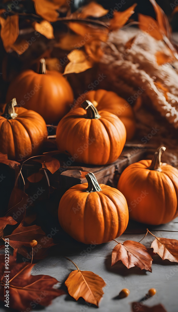 A serene autumn scene featuring several pumpkins scattered surrounded by vibrant orange and yellow leaves. Creating a warm, seasonal atmosphere. Halloween concept. A serene autumn scene featuring several pumpkins scattered surrounded by vibrant orange and yellow leaves. Creating a warm, seasonal atmosphere. Halloween concept.