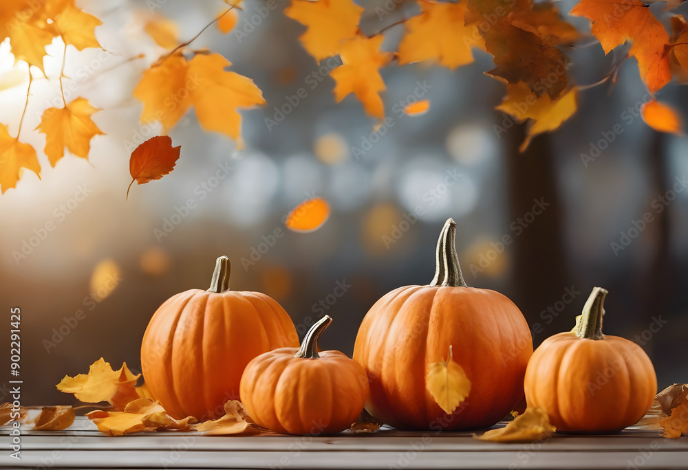 A serene autumn scene featuring several pumpkins scattered surrounded by vibrant orange and yellow leaves. Creating a warm, seasonal atmosphere. Halloween concept. A serene autumn scene featuring several pumpkins scattered surrounded by vibrant orange and yellow leaves. Creating a warm, seasonal atmosphere. Halloween concept.