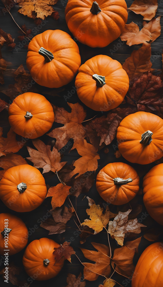 A serene autumn scene featuring several pumpkins scattered surrounded by vibrant orange and yellow leaves. Creating a warm, seasonal atmosphere. Halloween concept. A serene autumn scene featuring several pumpkins scattered surrounded by vibrant orange and yellow leaves. Creating a warm, seasonal atmosphere. Halloween concept.