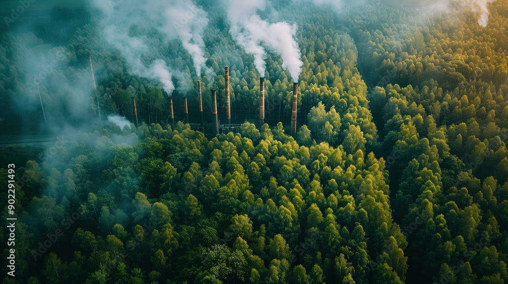Aerial View of Smoke Plumes from Industrial Chimneys in a Forest Aerial View of Smoke Plumes from Industrial Chimneys in a Forest