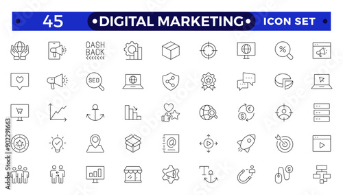 Digital marketing icons set. Content, search, marketing, ecommerce, seo, electronic devices, internet, analysis, social  outline icon set.