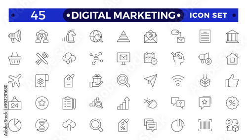 Digital marketing icons set. Content, search, marketing, ecommerce, seo, electronic devices, internet, analysis, social  outline icon set.