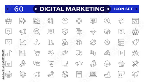 Digital marketing icons set. Content, search, marketing, ecommerce, seo, electronic devices, internet, analysis, social  outline icon set.