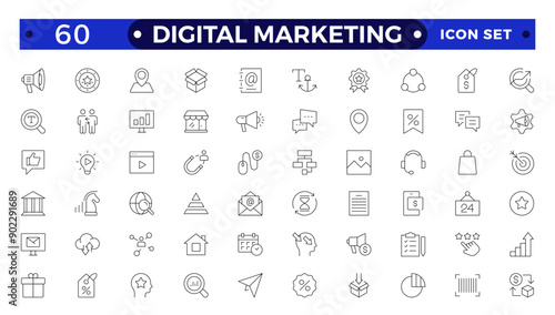 Digital marketing icons set. Content, search, marketing, ecommerce, seo, electronic devices, internet, analysis, social  outline icon set.