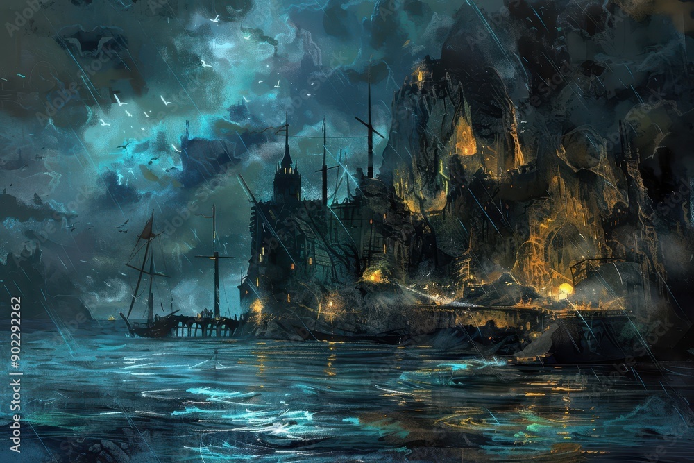 Fototapeta premium Ancient castle on a stormy night with ships at the dock