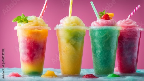 Refreshing and colorful frozen slush drinks in plastic cups with lids and straws