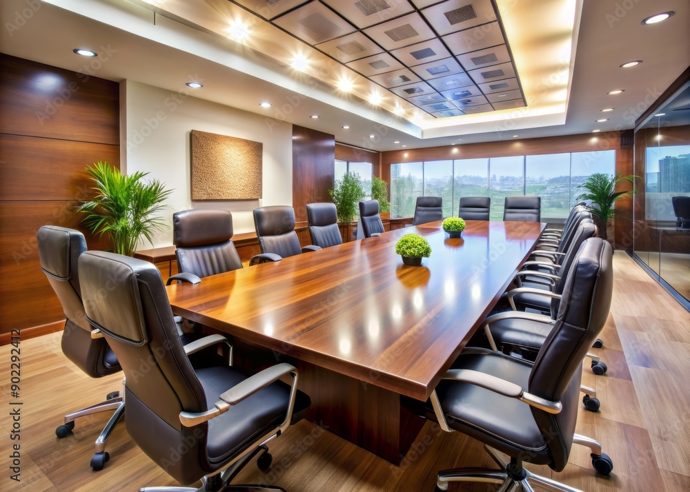 Professional boardroom setting with modern furniture and sleek interior design, awaiting key players, perfect for illustration of important business meeting or corporate event. Professional boardroom setting with modern furniture and sleek interior design, awaiting key players, perfect for illustration of important business meeting or corporate event.