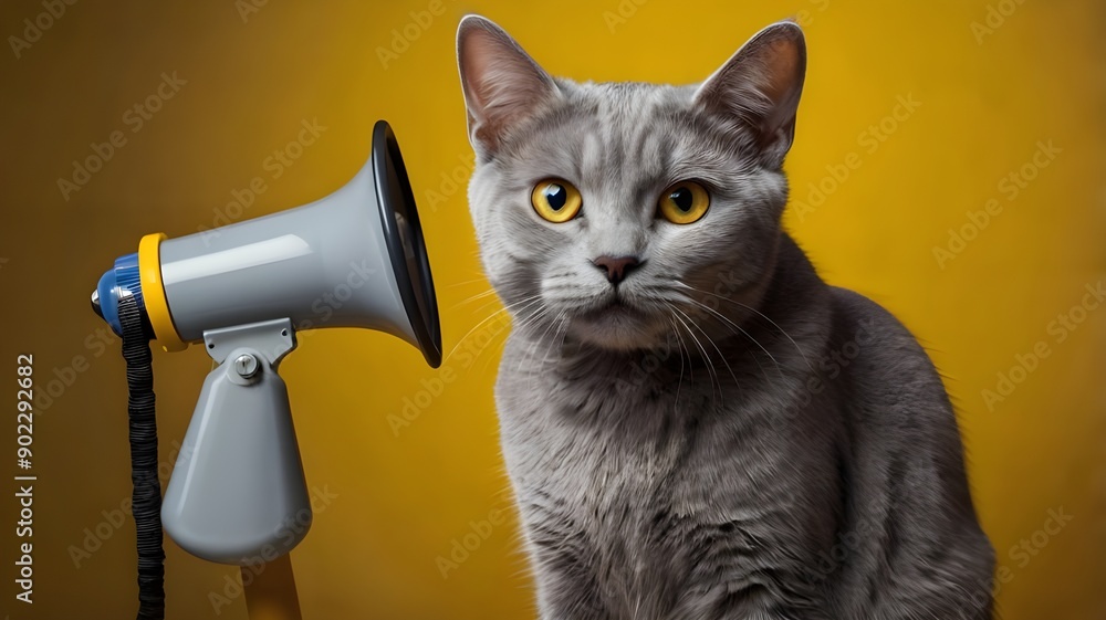 Fototapeta premium Grey cat with wide eyes holding a megaphone against a vibrant yellow background. Fun and energetic image suitable for announcements and promotions