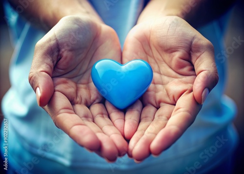 A delicate blue heart is cradled in an open palm, symbolizing self-love, care, and charity, emphasizing the importance of mental and physical well-being. photo