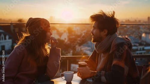 A couple enjoying warm coffee on a rooftop terrace at sunset, engaged in deep conversation with a cityscape in the background.