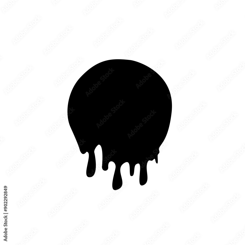 Melt drip circle silhouette paint round splash with drops, liquid shape, stain isolated on white background. Melt drip circle silhouette paint round splash with drops, liquid shape, stain isolated on white background.