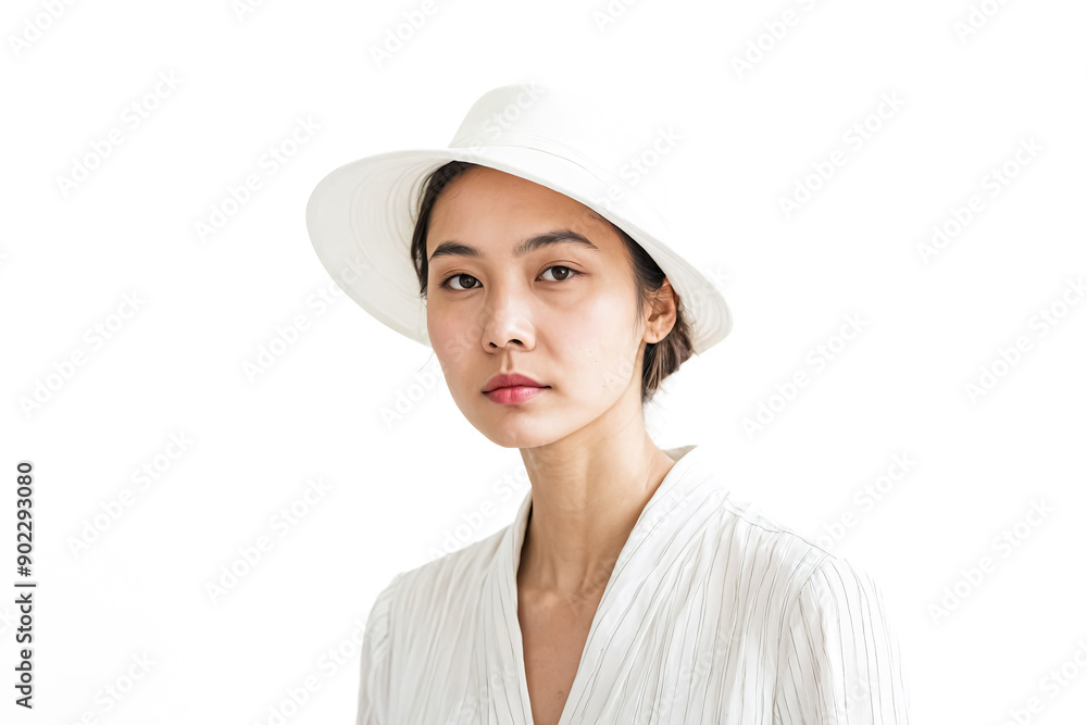 Young woman wearing white hat and striped shirt Young woman wearing white hat and striped shirt