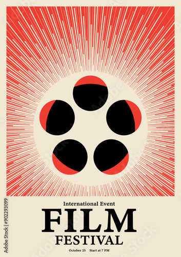Movie and film festival poster template design vintage retro style. Film reel and straight line spread from center