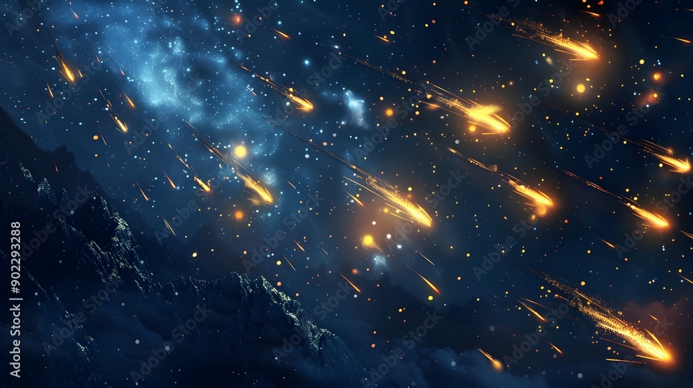A vivid digital image depicting a catastrophic meteor shower raining down on a planetary surface in a distant galaxy. A vivid digital image depicting a catastrophic meteor shower raining down on a planetary surface in a distant galaxy.