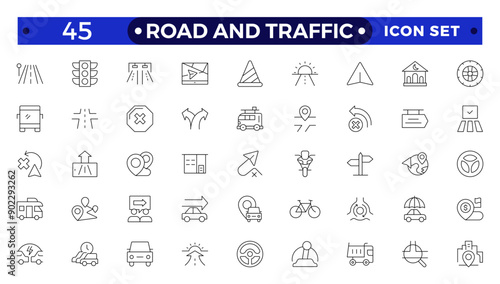 Road and traffic signs outline icon. Collection of warning, mandatory, prohibition and information traffic Street, transport, fuel, vehicle, location, car service icons. Traffic signs collection.