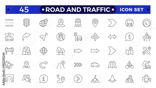Road and traffic signs outline icon. Collection of warning, mandatory, prohibition and information traffic Street, transport, fuel, vehicle, location, car service icons. Traffic signs collection.
