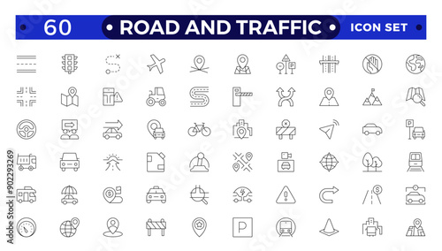 Road and traffic signs outline icon. Collection of warning, mandatory, prohibition and information traffic Street, transport, fuel, vehicle, location, car service icons. Traffic signs collection.