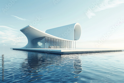Modern buildings by the lake. Empty architectural background.