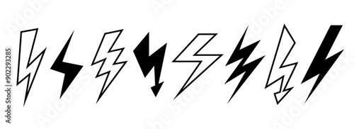 Black and white lightning bolts set. Thunder bolt symbols collection. Flash thunderbolt elements pack for poster, banner, graphic design, card. Strike arrow signs bundle. Vector