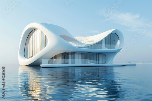Modern buildings by the lake. Empty architectural background.