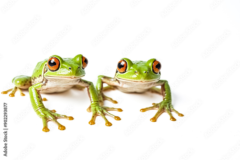 Obraz premium Two green tree frogs on white background