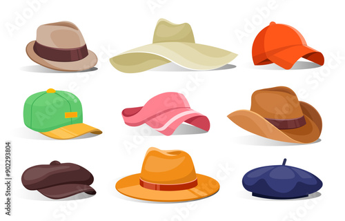 Hats and caps set. Items of clothing. Pink, green, brown and orange headdress. Aesthetics and elegance. Fashion, trend and style. Flat vector collection isolated on white background