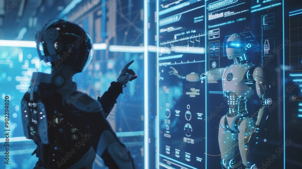 Humanoid Robot Looking At Hologram Screen Humanoid Robot Looking At Hologram Screen