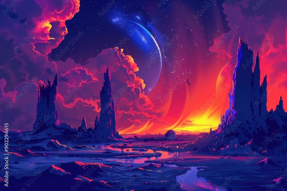 Fototapeta premium Vibrant Alien Landscape with Towering Rocks and Glowing River