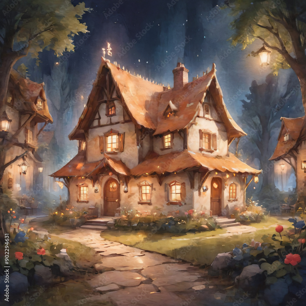 Fototapeta premium Watercolor painting of Cozy Cottage in the Woods at Night.