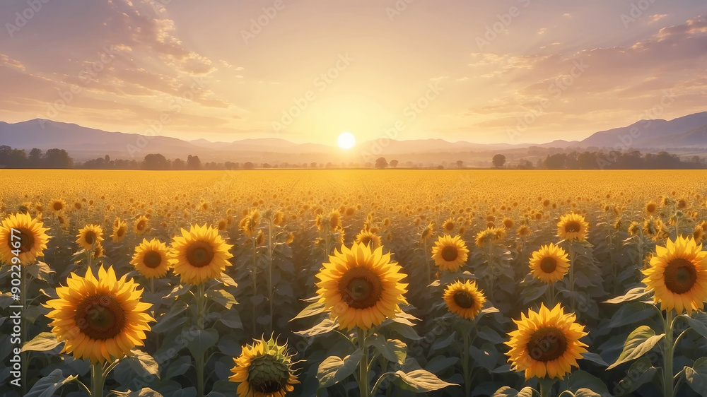 Fototapeta premium sunflowers under a golden sunset, with long, dramatic shadows stretching across the landscape and a soft