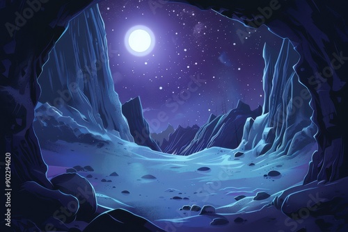 Mystical moonlit cavern reveals an otherworldly landscape of jagged rock formations and a distant starry sky photo