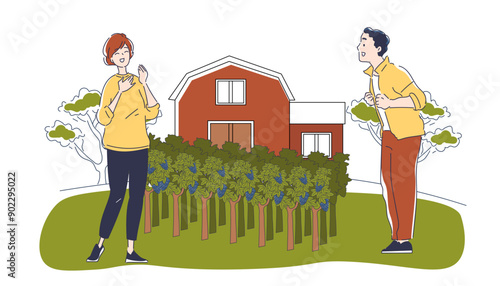 People with vineyard. Man and woman near grape plantation. Agriculture and farming. Happy farmers family with crop and harvest. Linear vector illustration isolated on white background