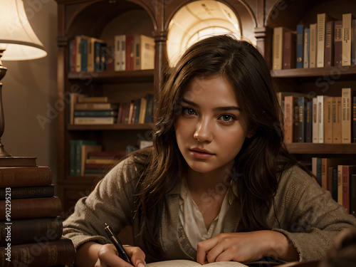 woman reading book in library
