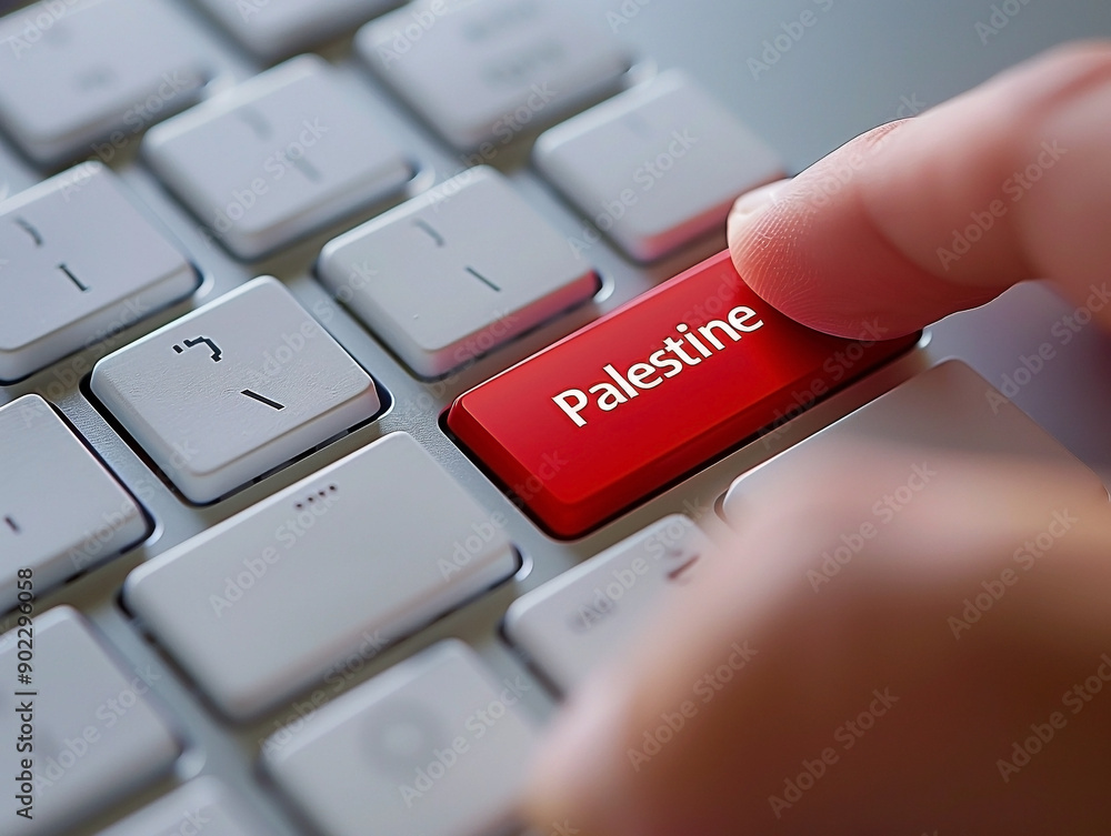 Close-Up of Finger Pressing Red Palestine Button on Computer Keyboard Close-Up of Finger Pressing Red Palestine Button on Computer Keyboard